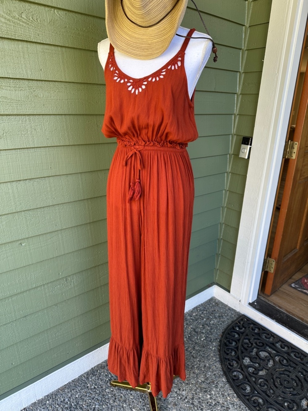 Patrons of peace boho burnt orange red guaze jumpsuit